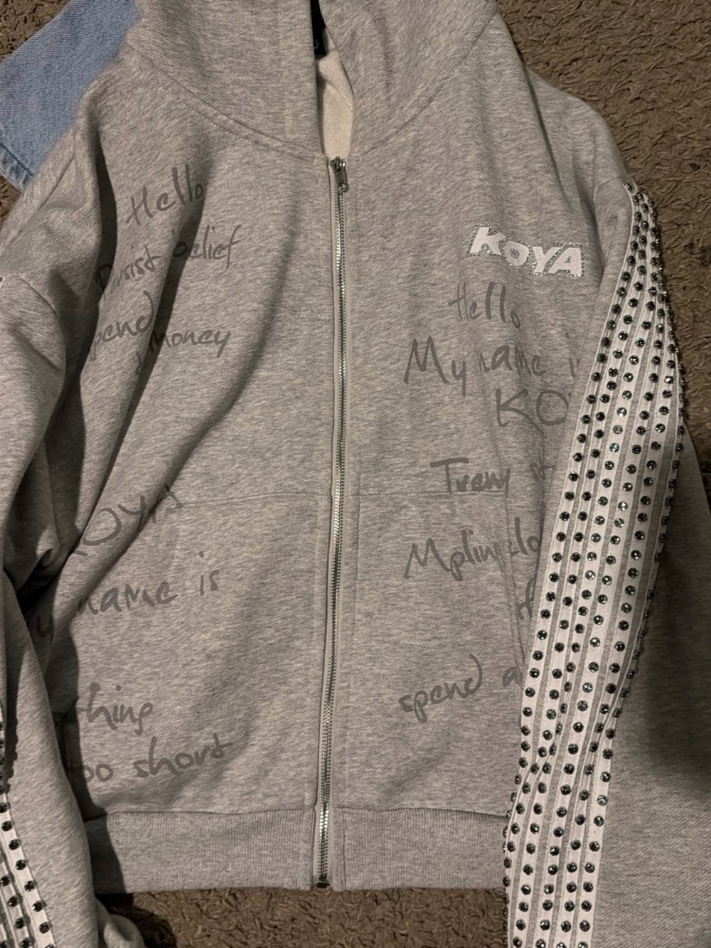 Light Gray Zip-Up Hoodie with Studded Sleeve